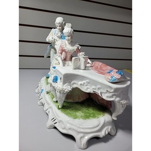 Antique Porcelain Victorian Couple Playing Piano Lace Detail Eradecant Finish - Picture 7 of 10